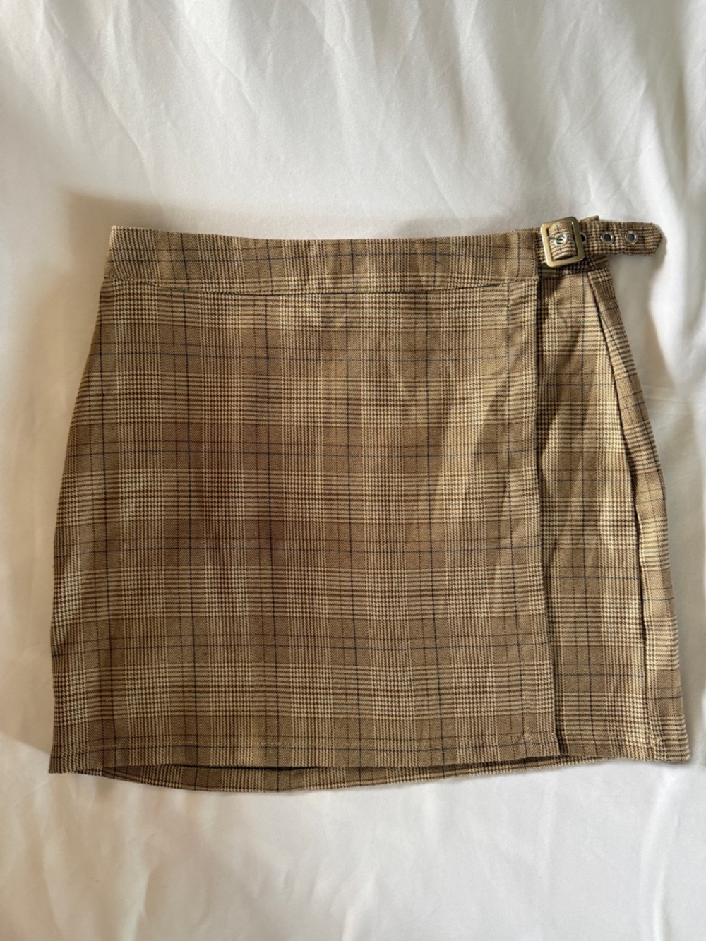 Hesperus Plaid Tan & Brown Wrap Mini Skirt with 4 Button Side Buckle - Medium